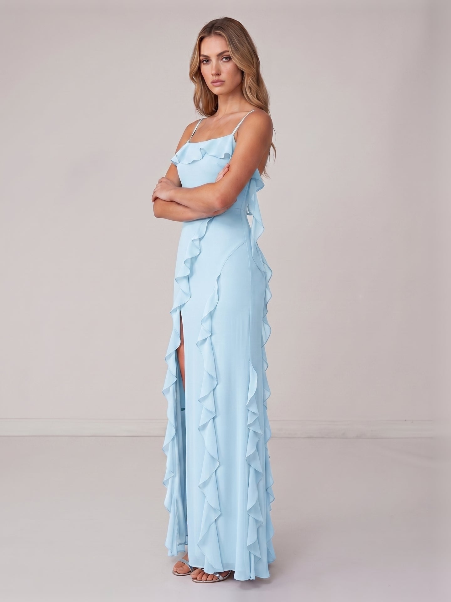 Coquette Sky Blue Chiffon A-Line Straight Neck Backless with Ruffle Ankle-Length Bridesmaid Dress