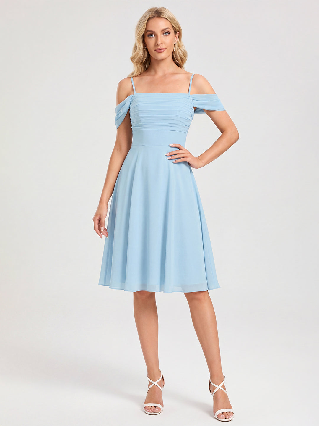 Coquette Sky Blue Chiffon A-Line Straight Neck Knee-Length Bridesmaid Dress