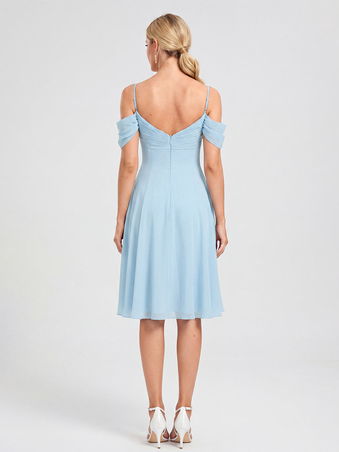 Coquette Sky Blue Chiffon A-Line Straight Neck Knee-Length Bridesmaid Dress