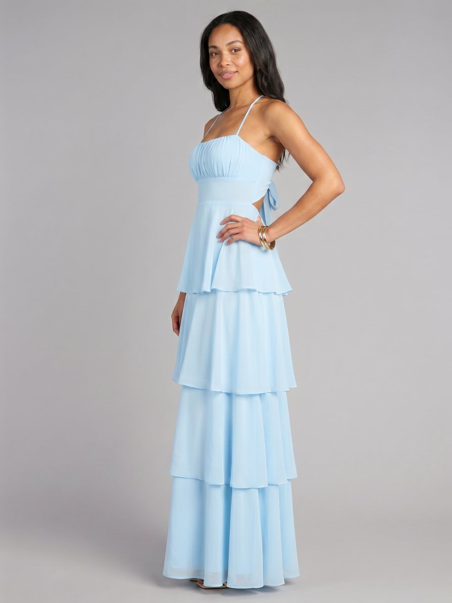 Coquette Sky Blue Chiffon A-Line Straight Neck Lace-up Ankle-Length Bridesmaid Dress