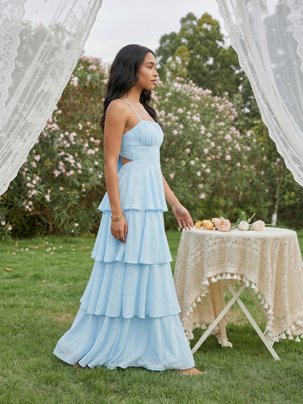 Coquette Sky Blue Chiffon A-Line Straight Neck Lace-up Ankle-Length Bridesmaid Dress