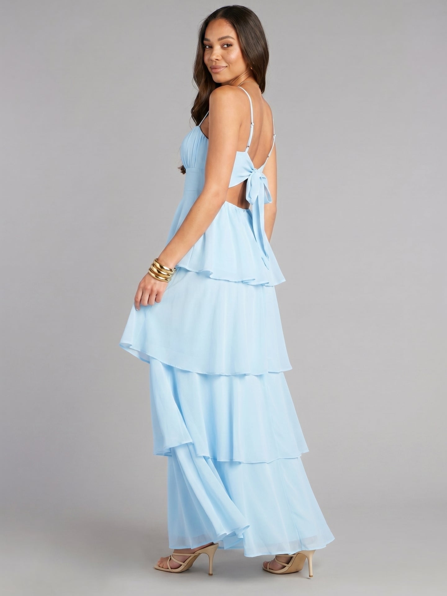 Coquette Sky Blue Chiffon A-Line Straight Neck Lace-up Ankle-Length Bridesmaid Dress
