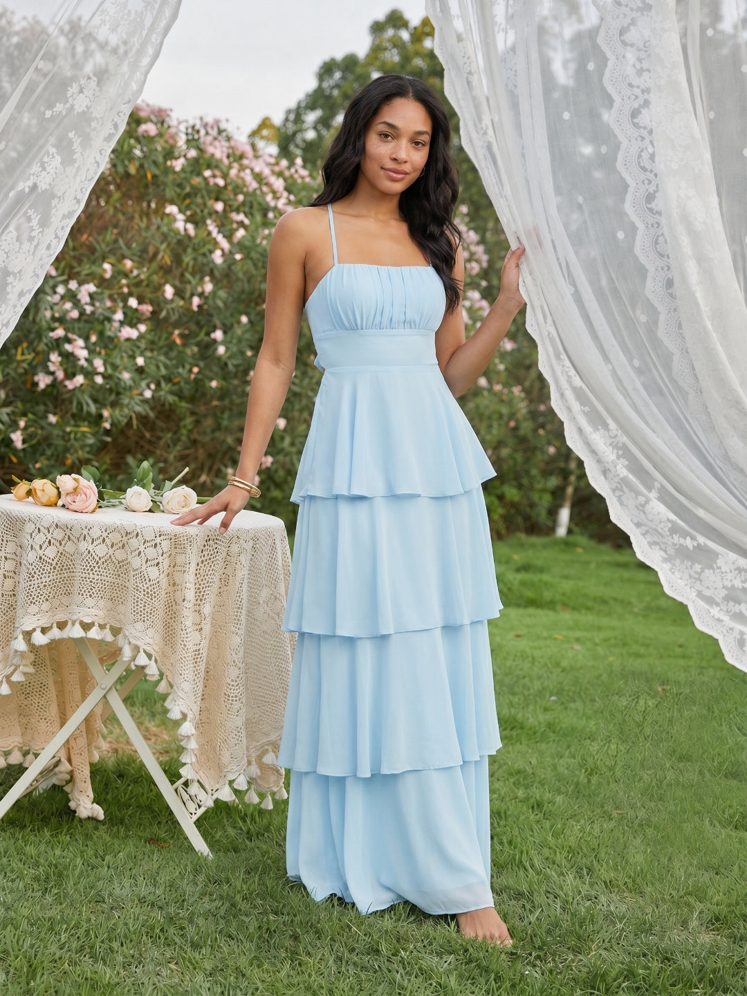 Coquette Sky Blue Chiffon A-Line Straight Neck Lace-up Ankle-Length Bridesmaid Dress