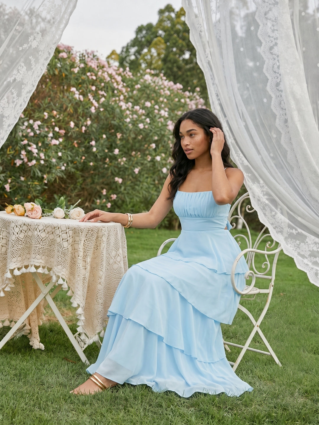 Coquette Sky Blue Chiffon A-Line Straight Neck Lace-up Ankle-Length Bridesmaid Dress