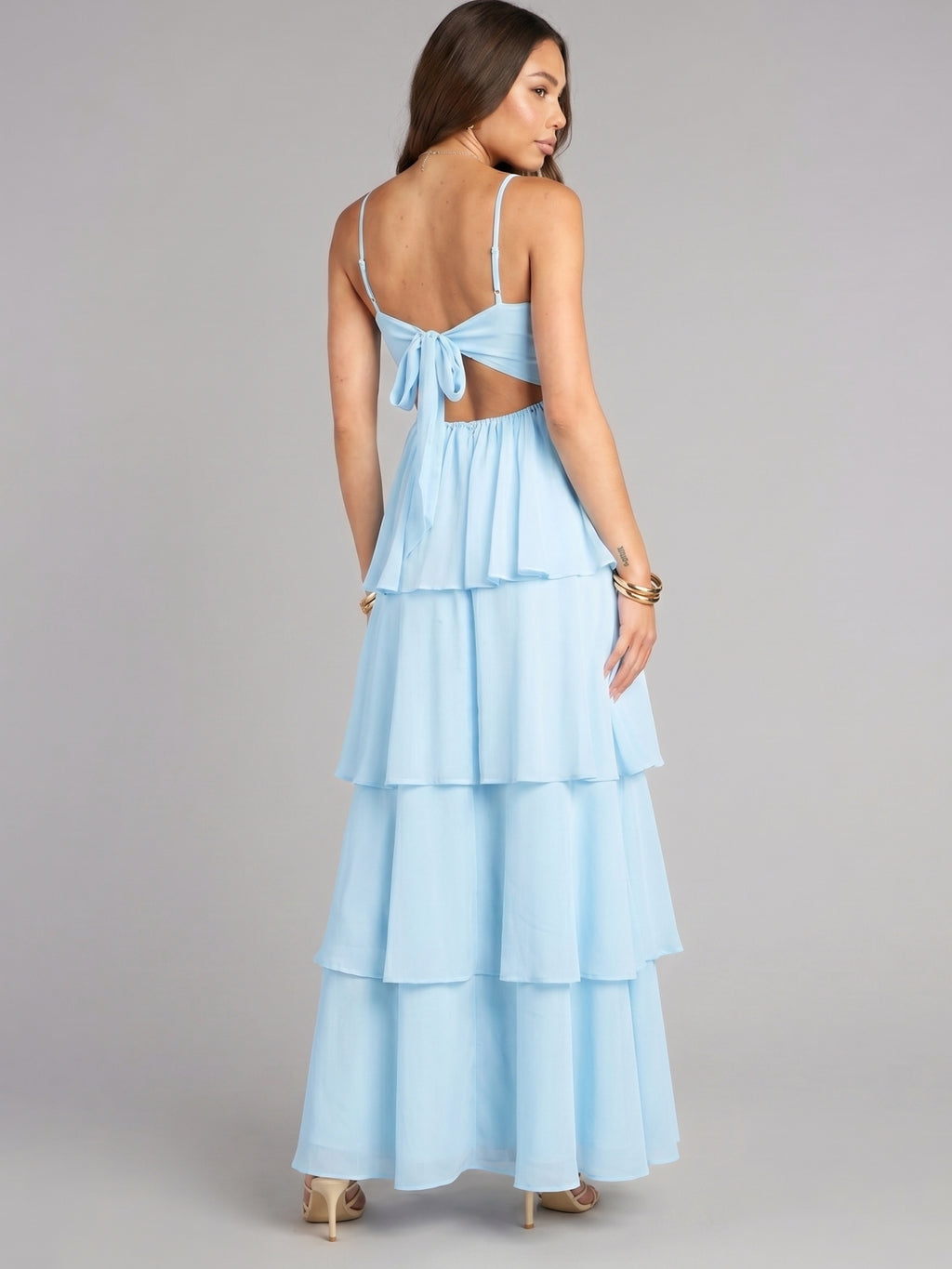 Coquette Sky Blue Chiffon A-Line Straight Neck Lace-up Ankle-Length Bridesmaid Dress