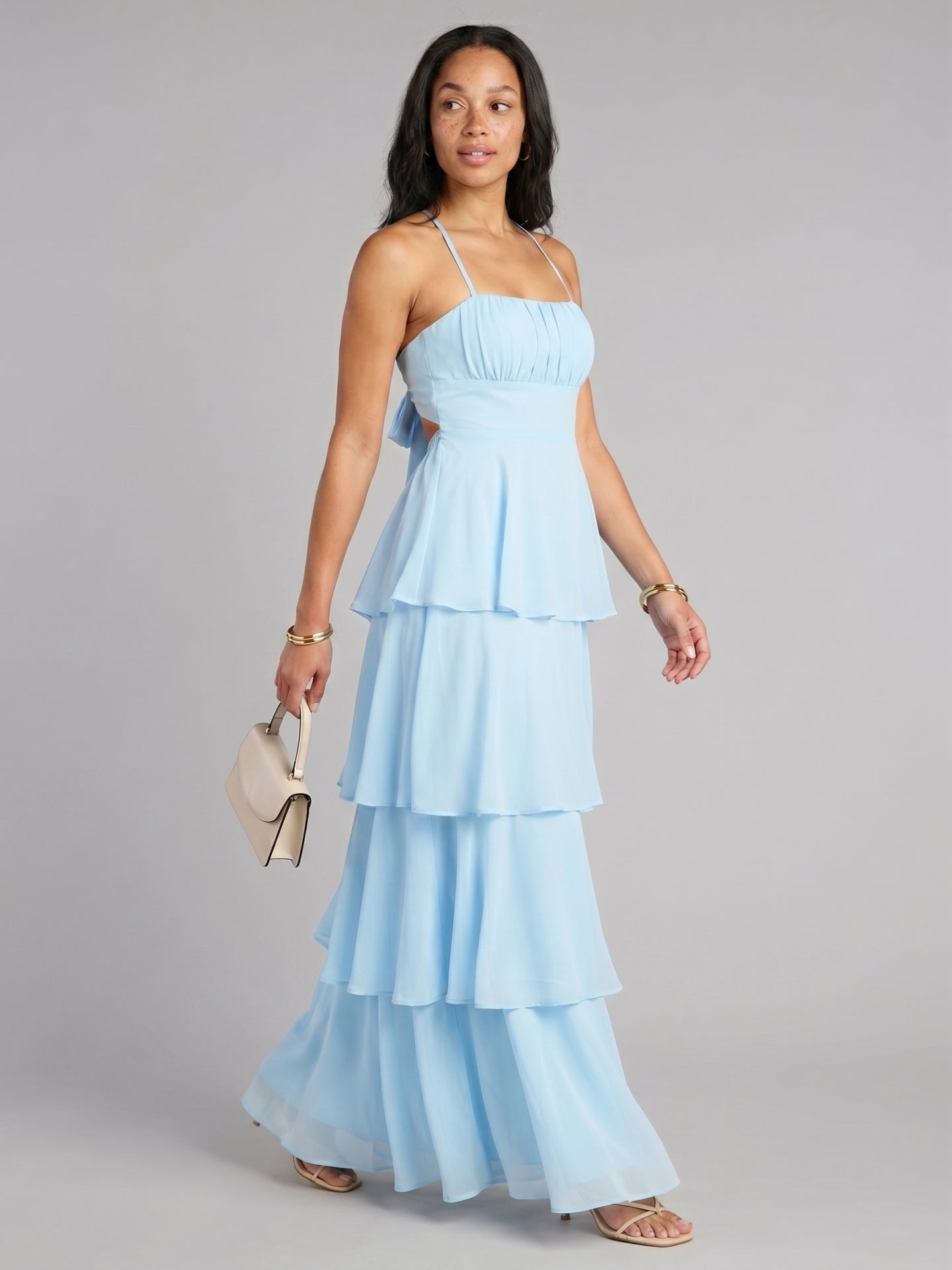 Coquette Sky Blue Chiffon A-Line Straight Neck Lace-up Ankle-Length Bridesmaid Dress
