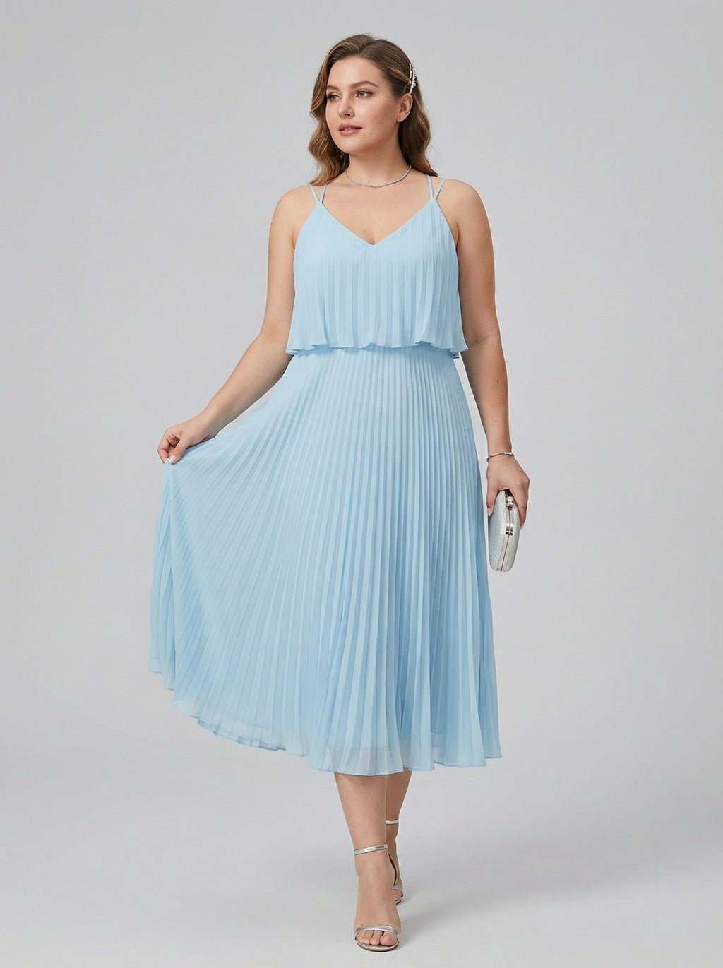 Coquette Sky Blue Chiffon A-Line V-Neck Back Zip Pleated Knee-Length Plus Size Bridesmaid Dress