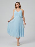 Coquette Sky Blue Chiffon A-Line V-Neck Back Zip Pleated Knee-Length Plus Size Bridesmaid Dress