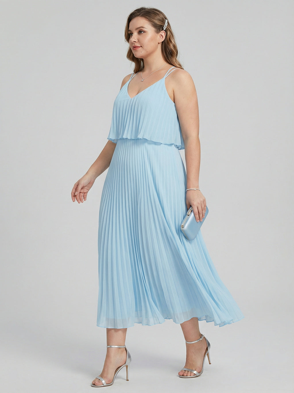 Coquette Sky Blue Chiffon A-Line V-Neck Back Zip Pleated Knee-Length Plus Size Bridesmaid Dress