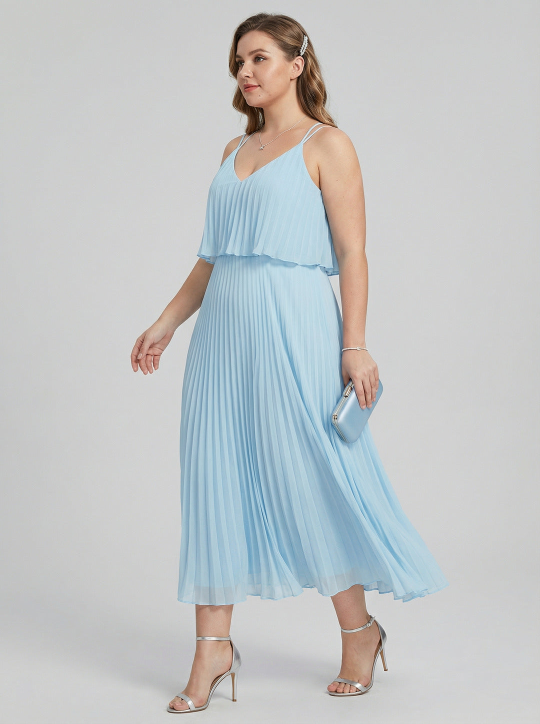 Coquette Sky Blue Chiffon A-Line V-Neck Back Zip Pleated Knee-Length Plus Size Bridesmaid Dress
