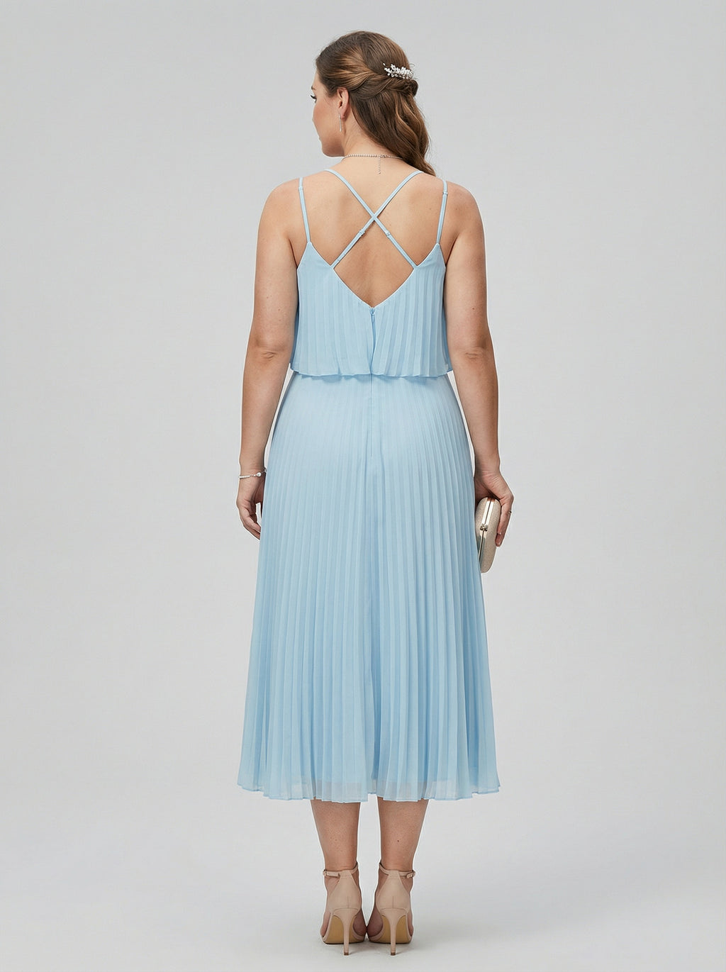 Coquette Sky Blue Chiffon A-Line V-Neck Back Zip Pleated Knee-Length Plus Size Bridesmaid Dress