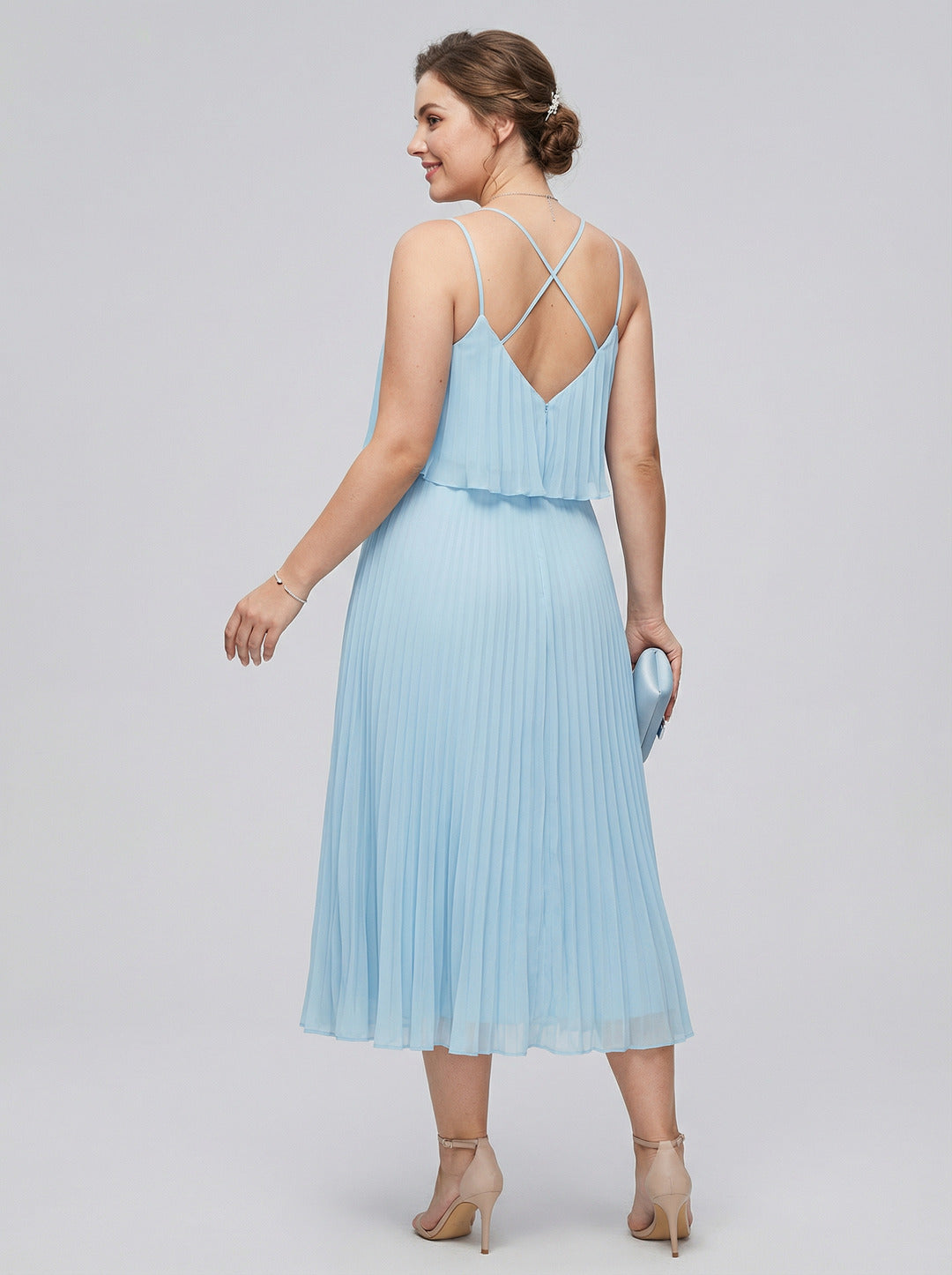 Coquette Sky Blue Chiffon A-Line V-Neck Back Zip Pleated Knee-Length Plus Size Bridesmaid Dress