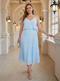 Coquette Sky Blue Chiffon A-Line V-Neck Back Zip Pleated Knee-Length Plus Size Bridesmaid Dress