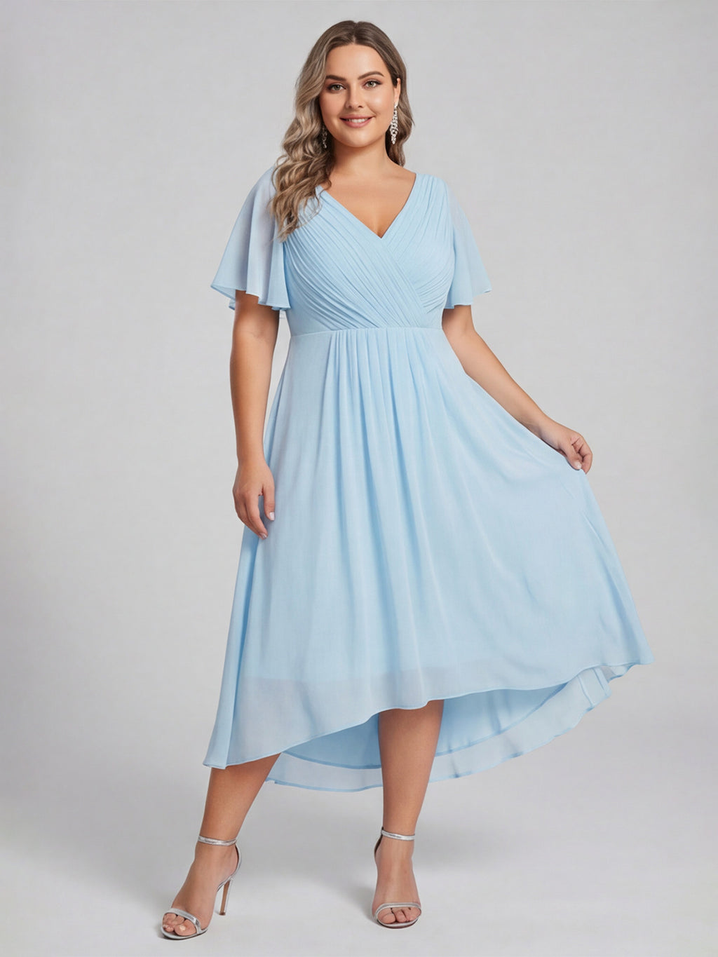Coquette Sky Blue Chiffon A-Line V-Neck V-Back with Ruffle Asymmetrical Plus Size Bridesmaid Dress