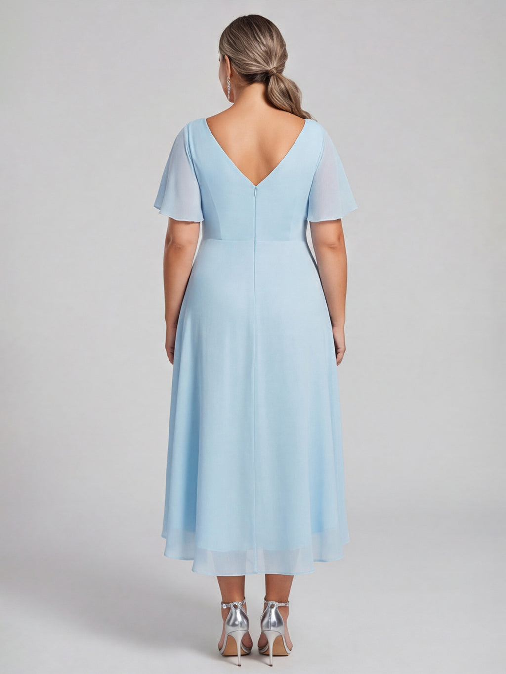 Coquette Sky Blue Chiffon A-Line V-Neck V-Back with Ruffle Asymmetrical Plus Size Bridesmaid Dress