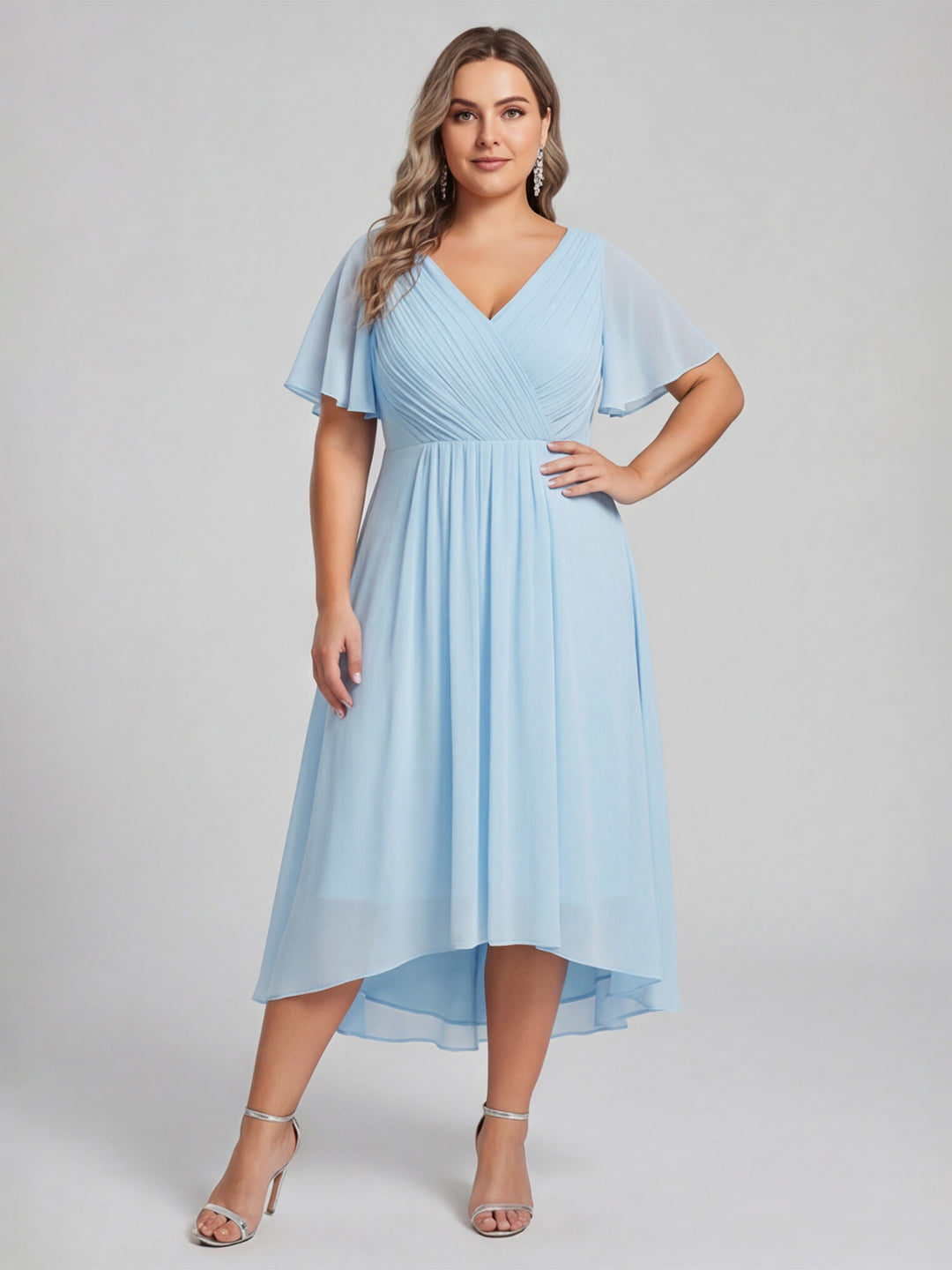 Coquette Sky Blue Chiffon A-Line V-Neck V-Back with Ruffle Asymmetrical Plus Size Bridesmaid Dress