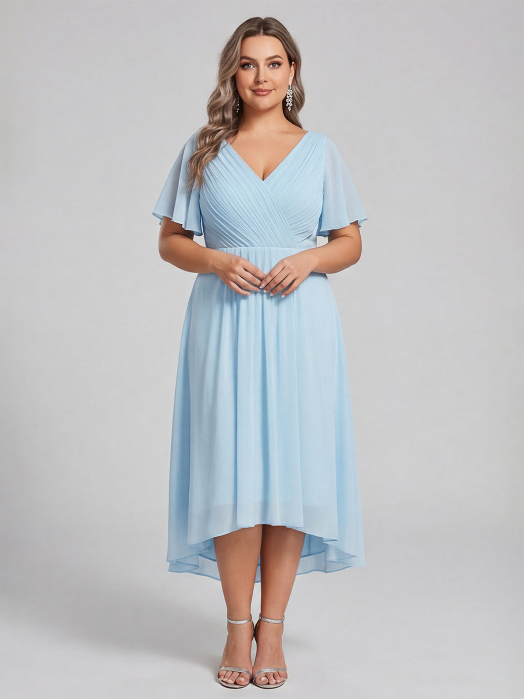 Coquette Sky Blue Chiffon A-Line V-Neck V-Back with Ruffle Asymmetrical Plus Size Bridesmaid Dress