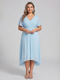 Coquette Sky Blue Chiffon A-Line V-Neck V-Back with Ruffle Asymmetrical Plus Size Bridesmaid Dress