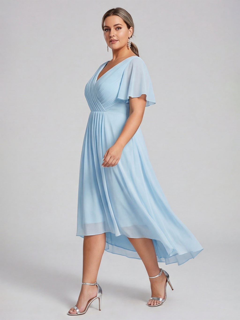 Coquette Sky Blue Chiffon A-Line V-Neck V-Back with Ruffle Asymmetrical Plus Size Bridesmaid Dress