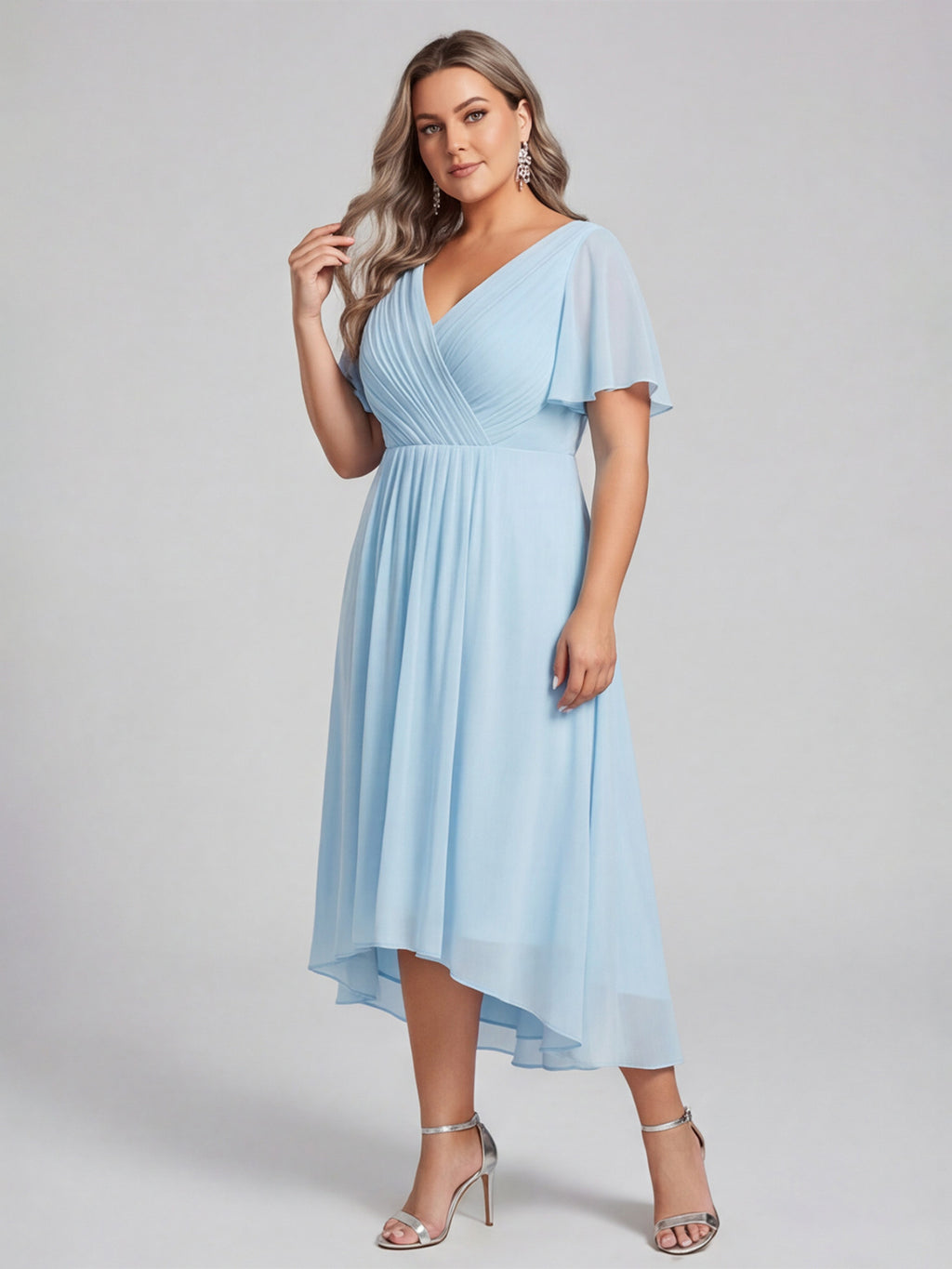 Coquette Sky Blue Chiffon A-Line V-Neck V-Back with Ruffle Asymmetrical Plus Size Bridesmaid Dress