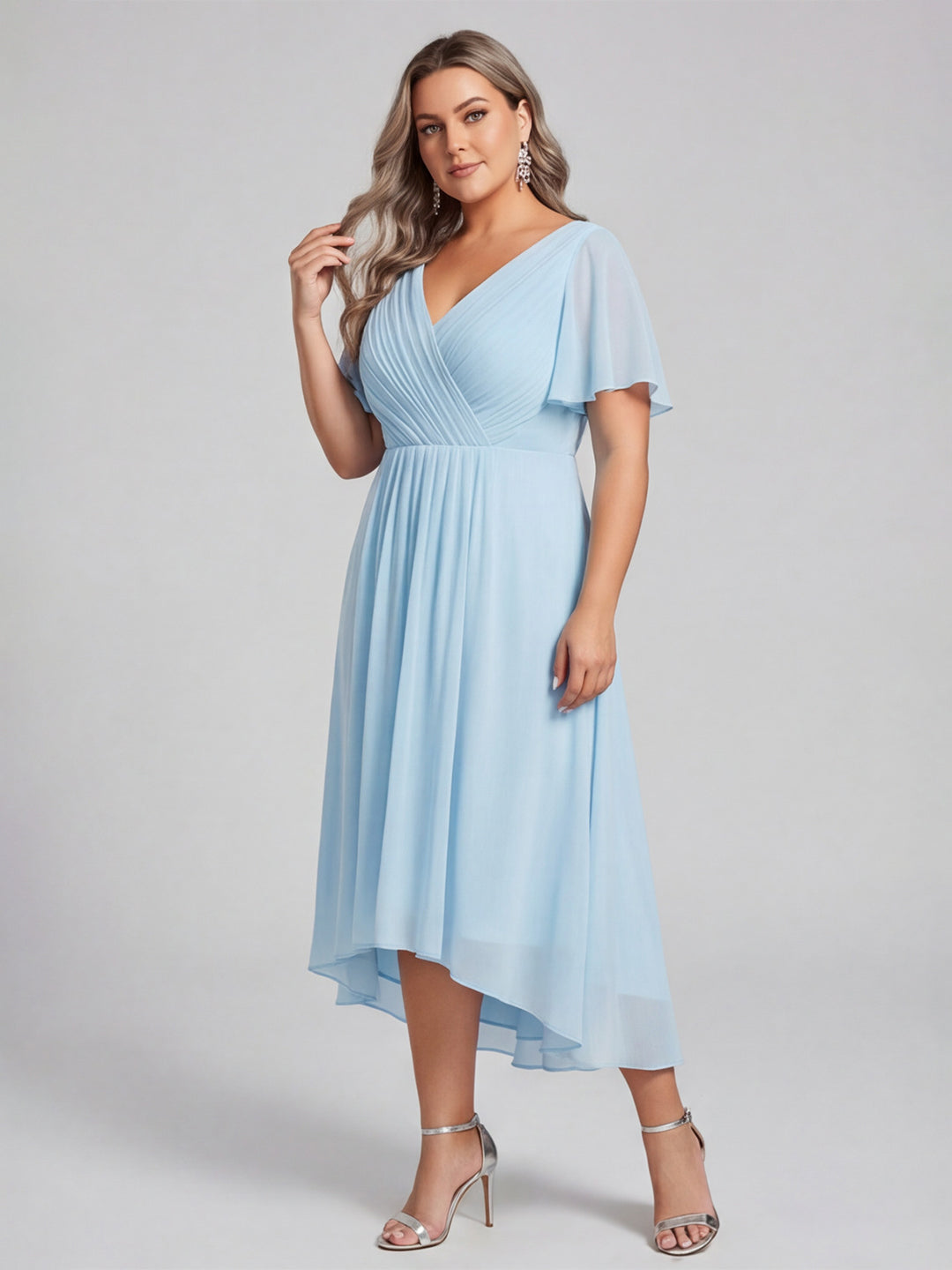 Coquette Sky Blue Chiffon A-Line V-Neck V-Back with Ruffle Asymmetrical Plus Size Bridesmaid Dress