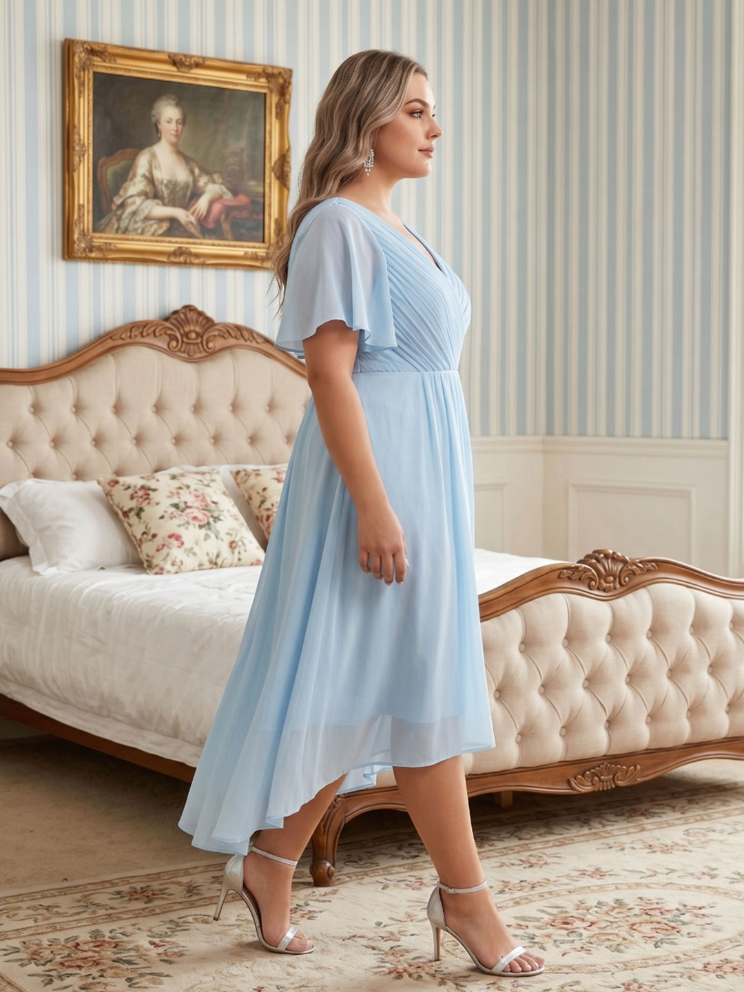 Coquette Sky Blue Chiffon A-Line V-Neck V-Back with Ruffle Asymmetrical Plus Size Bridesmaid Dress