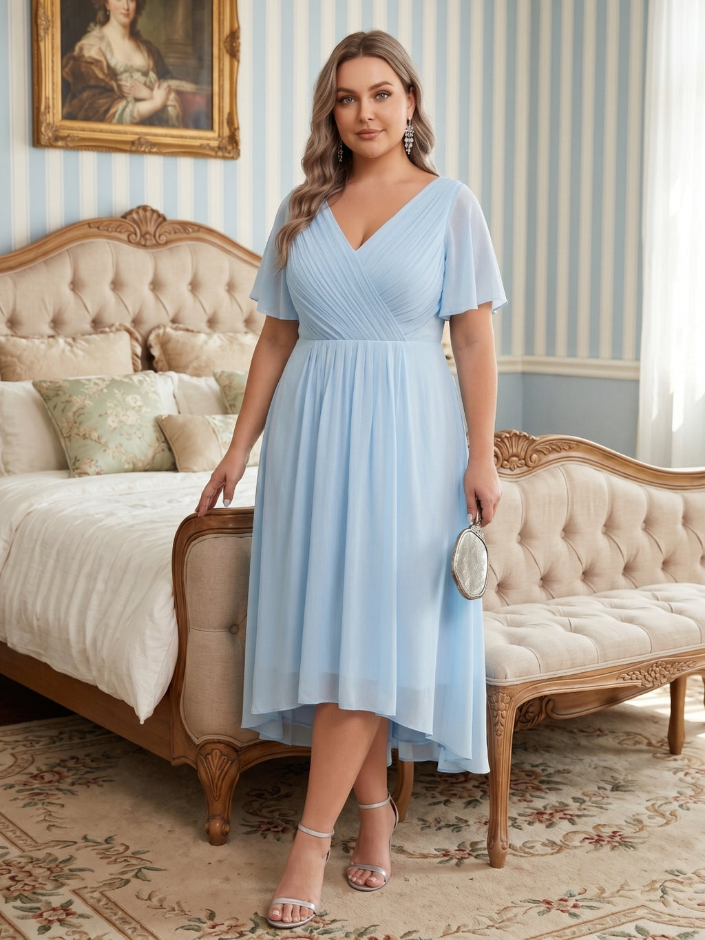 Coquette Sky Blue Chiffon A-Line V-Neck V-Back with Ruffle Asymmetrical Plus Size Bridesmaid Dress