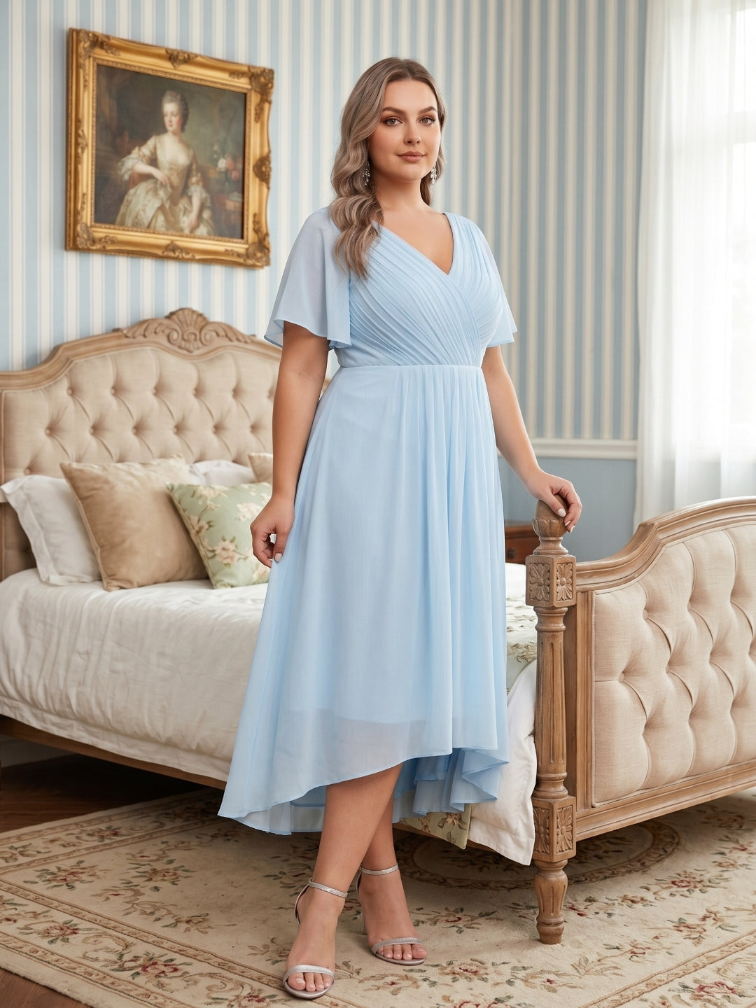 Coquette Sky Blue Chiffon A-Line V-Neck V-Back with Ruffle Asymmetrical Plus Size Bridesmaid Dress