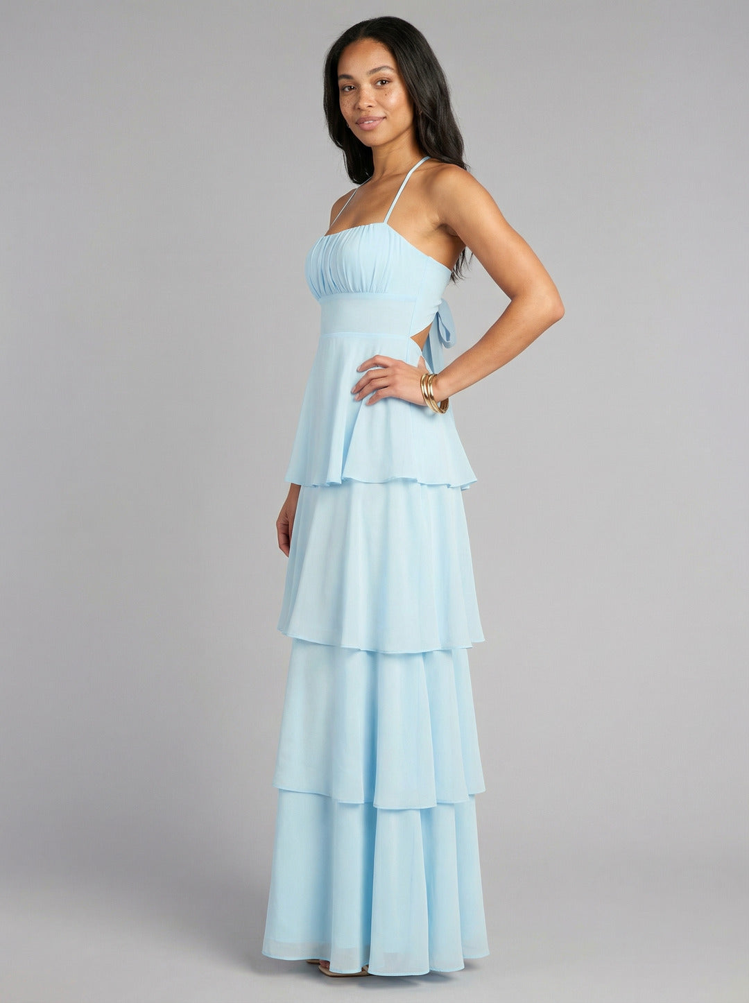 Coquette Sky Blue Chiffon A-Line Straight Neck Lace-up Ankle-Length Bridesmaid Dress