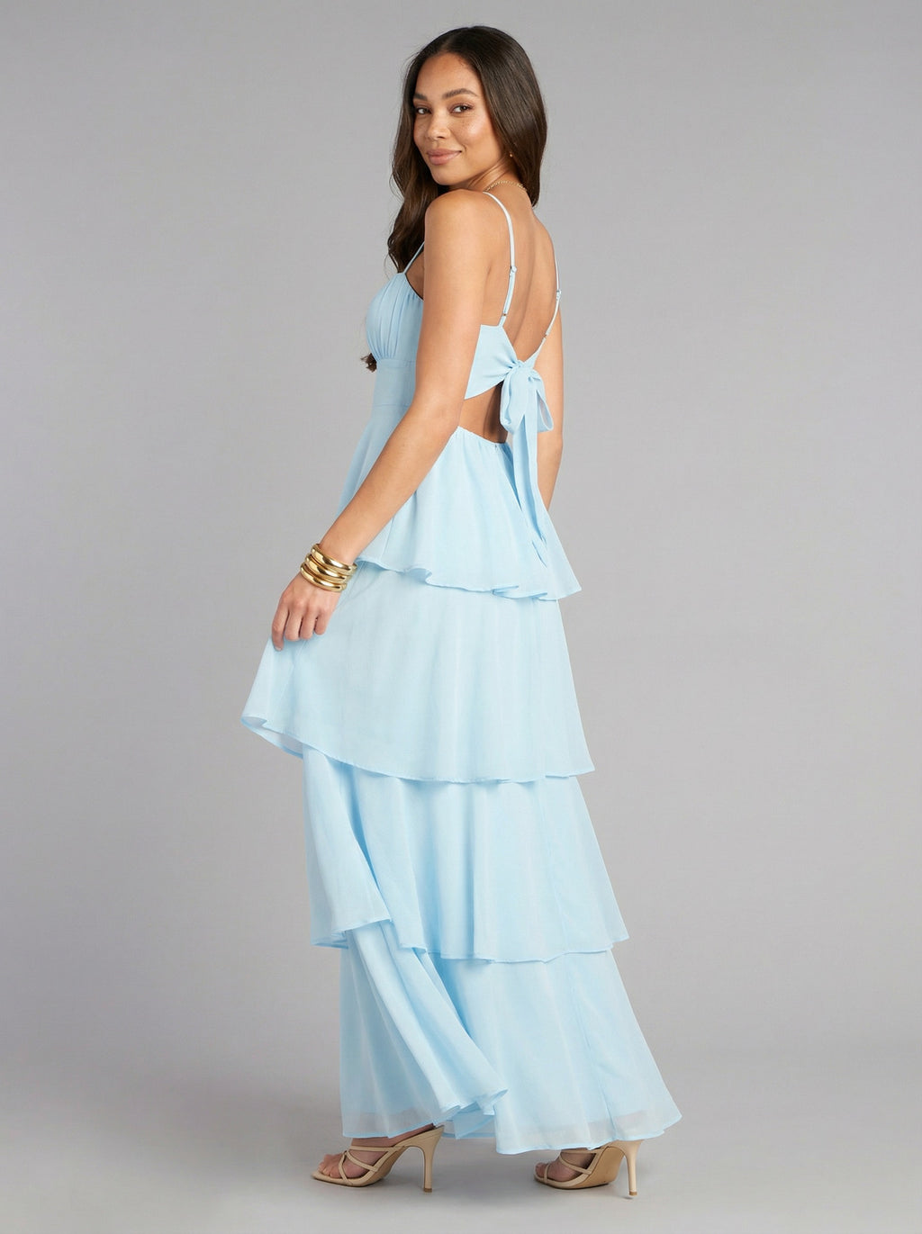 Coquette Sky Blue Chiffon A-Line Straight Neck Lace-up Ankle-Length Bridesmaid Dress