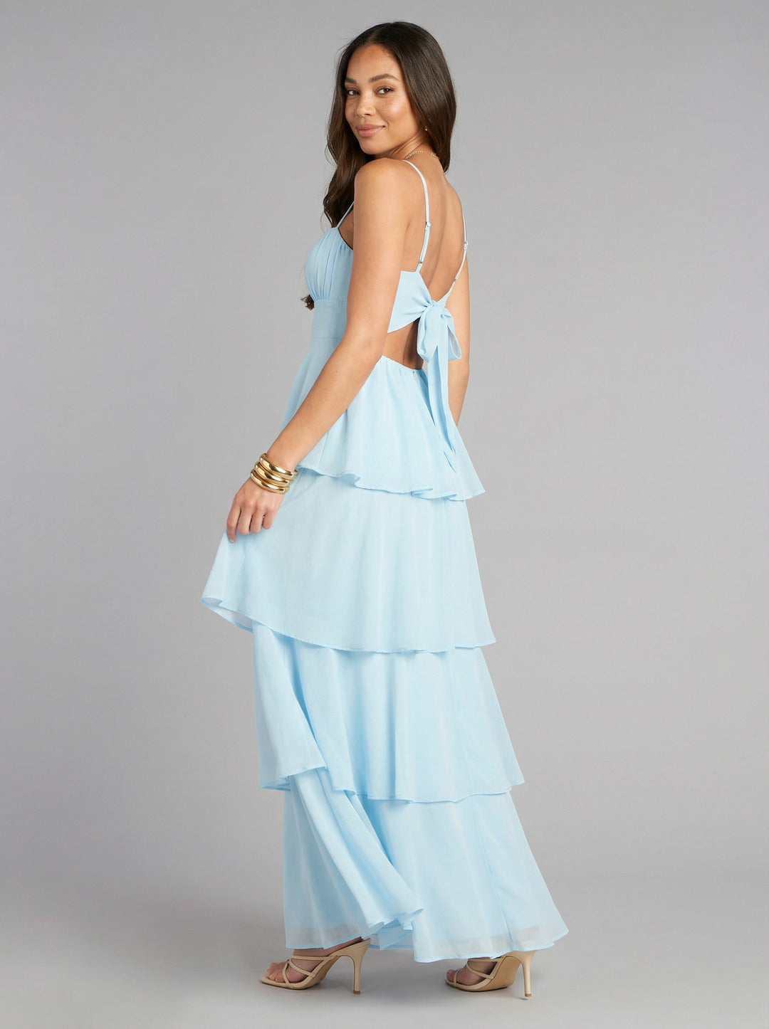 Coquette Sky Blue Chiffon A-Line Straight Neck Lace-up Ankle-Length Bridesmaid Dress