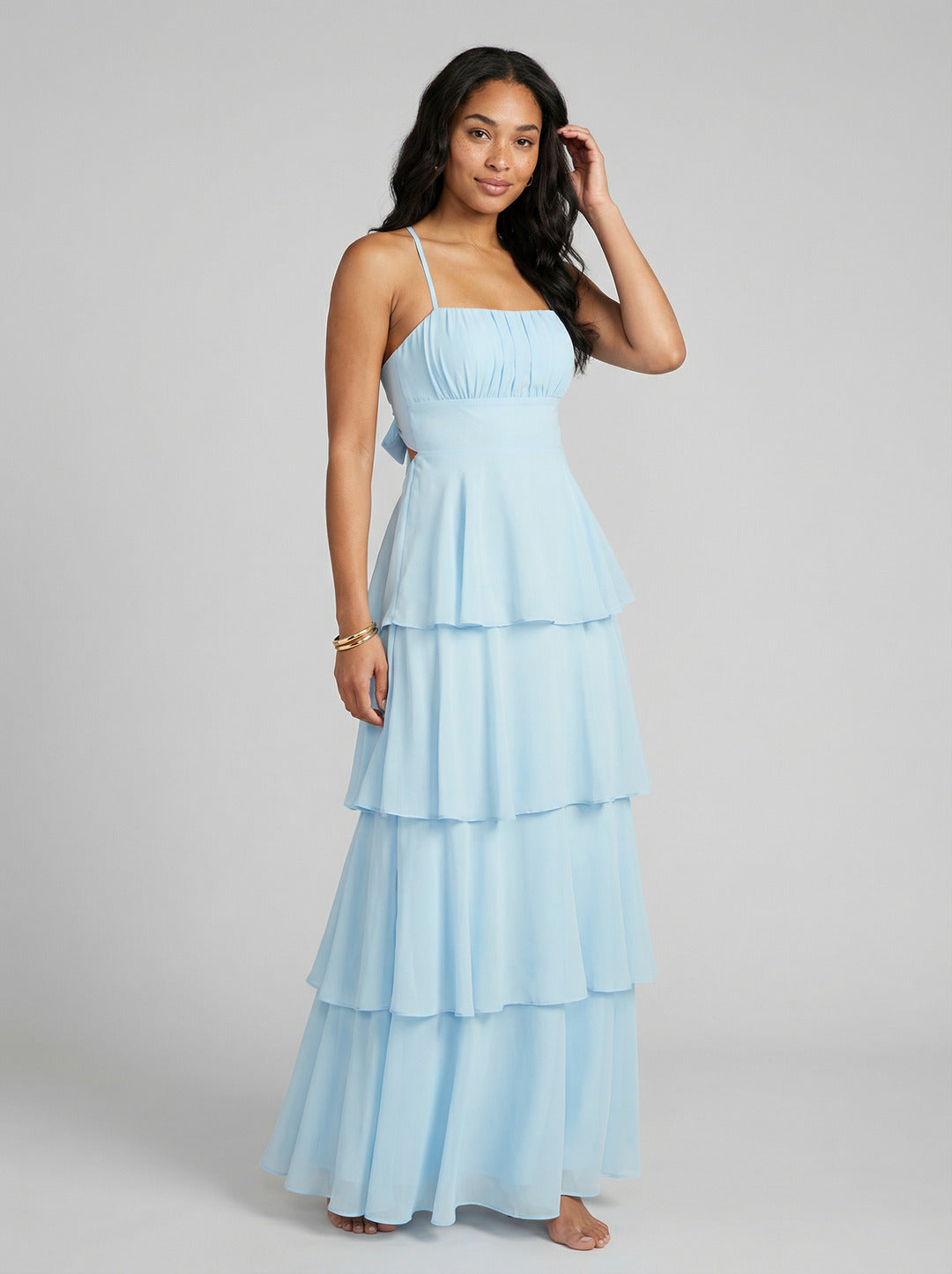 Coquette Sky Blue Chiffon A-Line Straight Neck Lace-up Ankle-Length Bridesmaid Dress