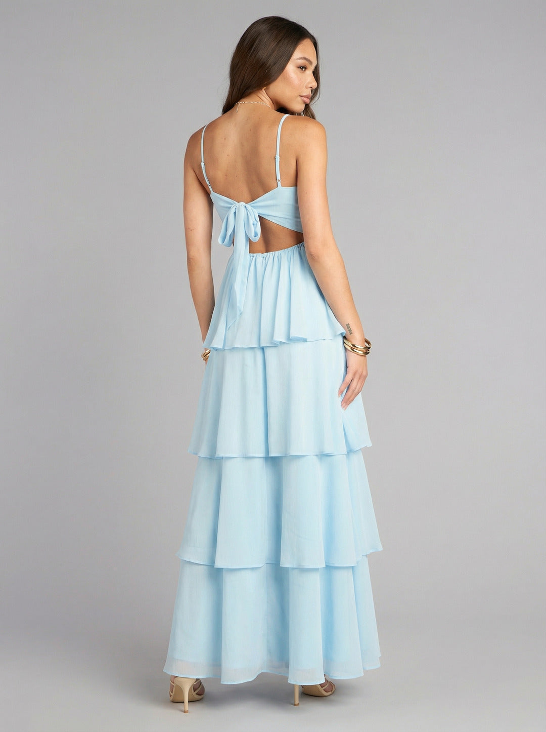 Coquette Sky Blue Chiffon A-Line Straight Neck Lace-up Ankle-Length Bridesmaid Dress