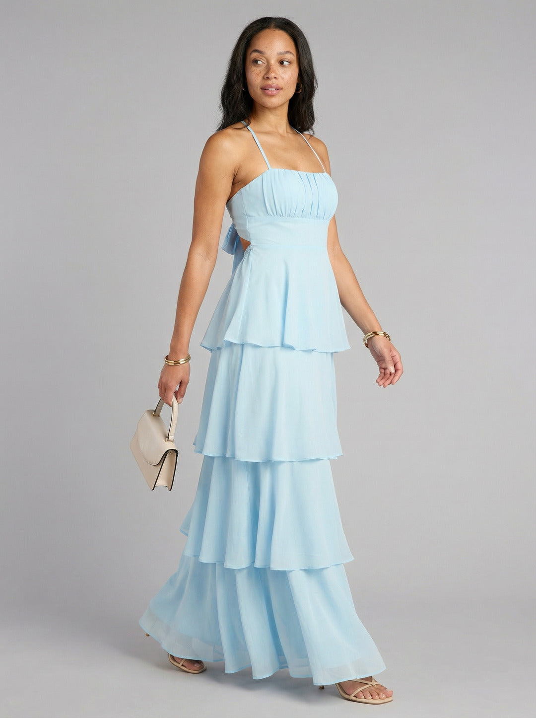Coquette Sky Blue Chiffon A-Line Straight Neck Lace-up Ankle-Length Bridesmaid Dress