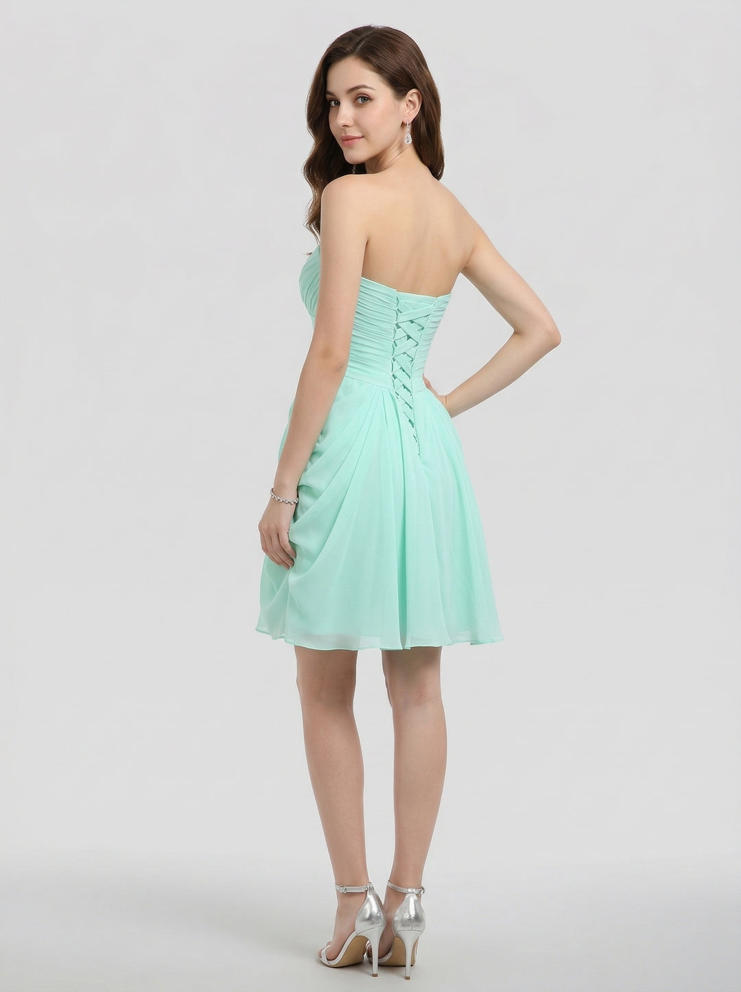Coquette Mint Green Chiffon A-Line Sweetheart Criss-Cross Straps with Ruffle Knee-Length Bridesmaid Dress