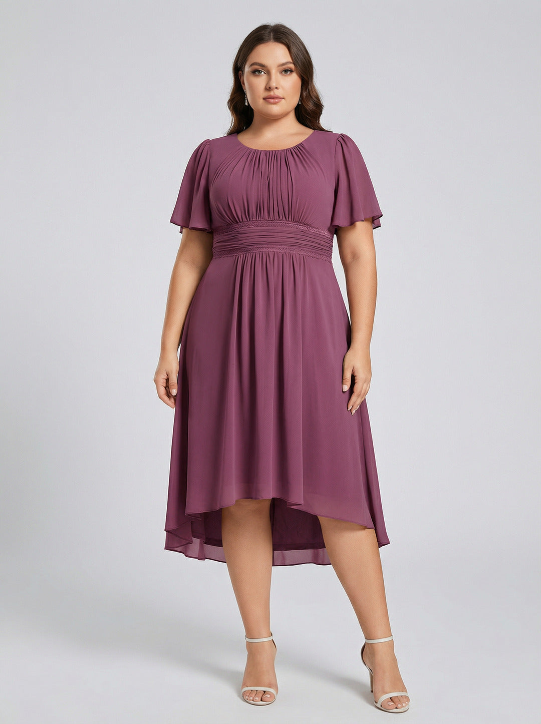 Coquette Plum Chiffon A-Line Scoop Neck Back Zip Knee-Length Plus Size Bridesmaid Dress