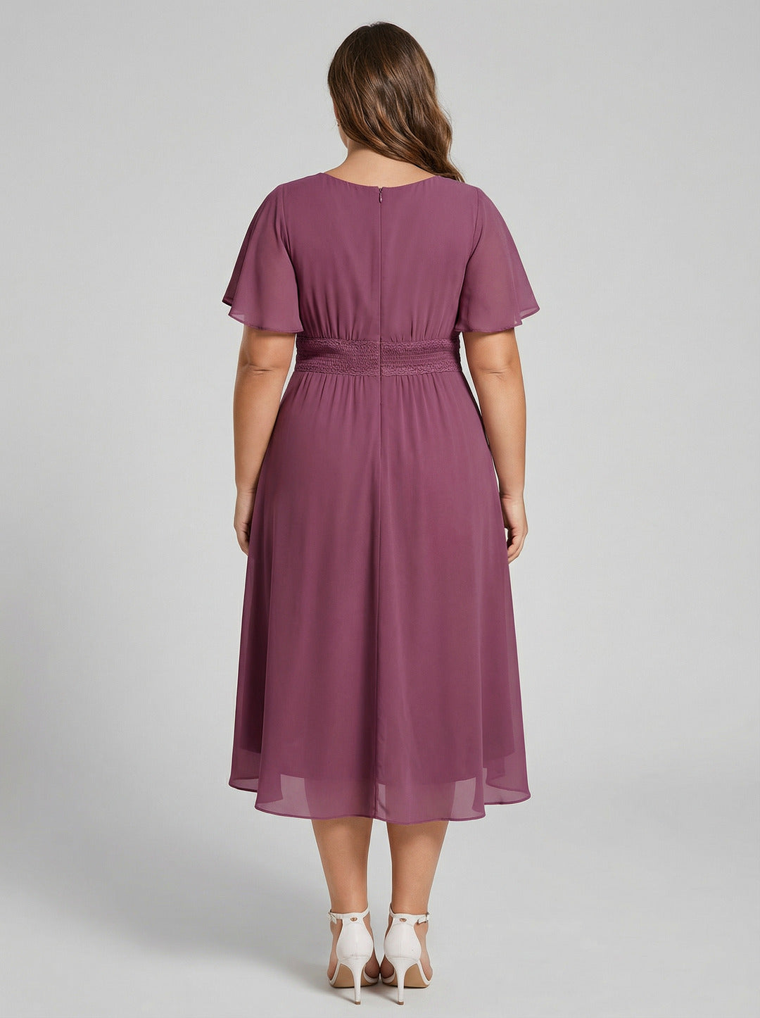 Coquette Plum Chiffon A-Line Scoop Neck Back Zip Knee-Length Plus Size Bridesmaid Dress