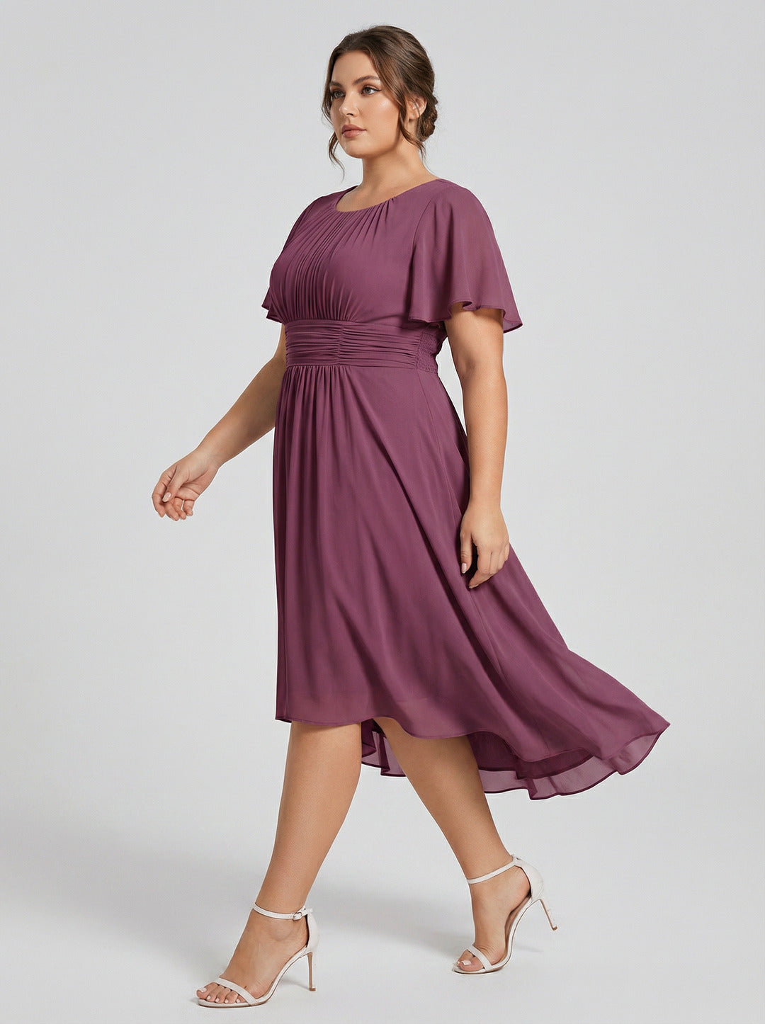 Coquette Plum Chiffon A-Line Scoop Neck Back Zip Knee-Length Plus Size Bridesmaid Dress
