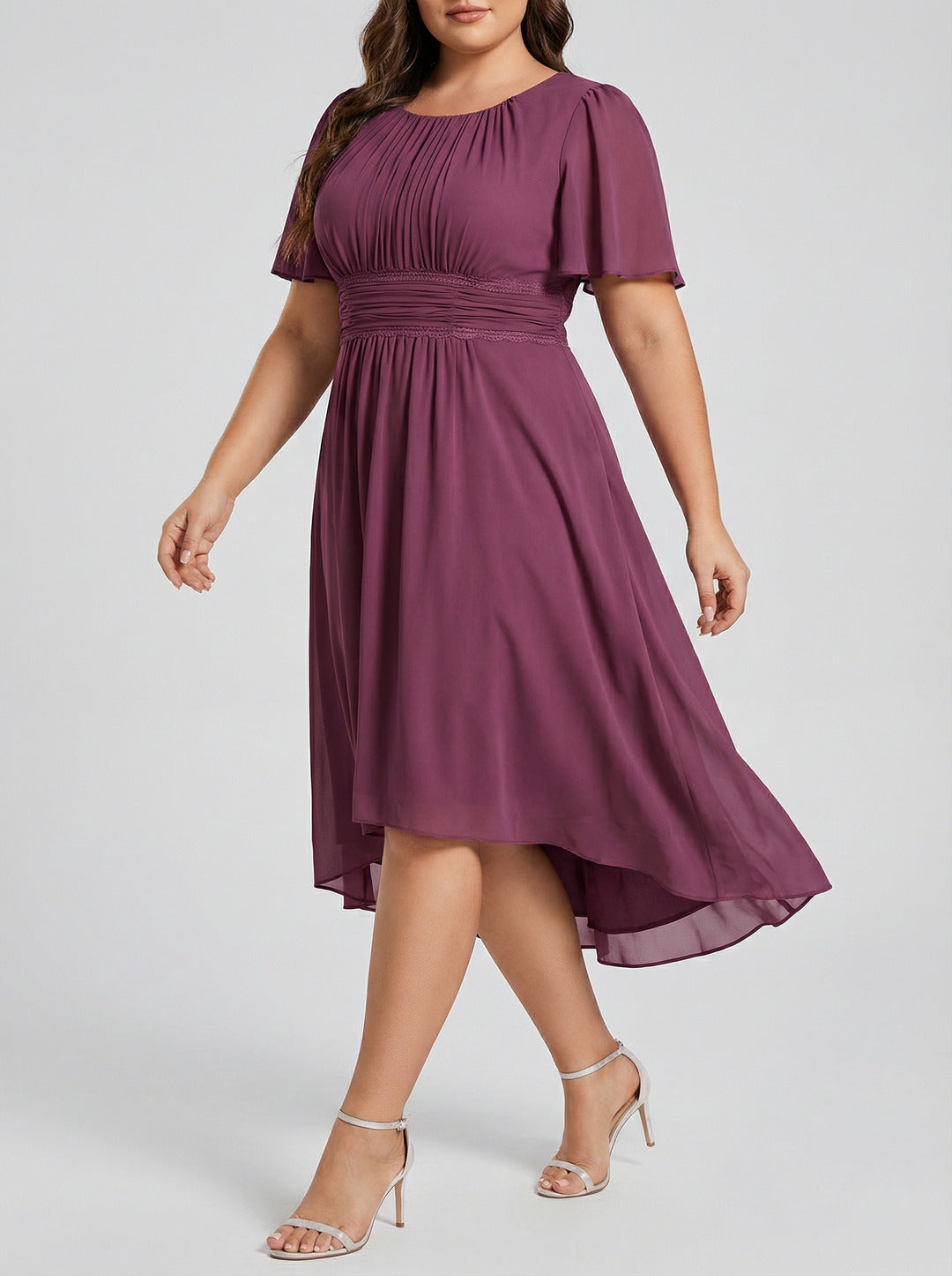 Coquette Plum Chiffon A-Line Scoop Neck Back Zip Knee-Length Plus Size Bridesmaid Dress