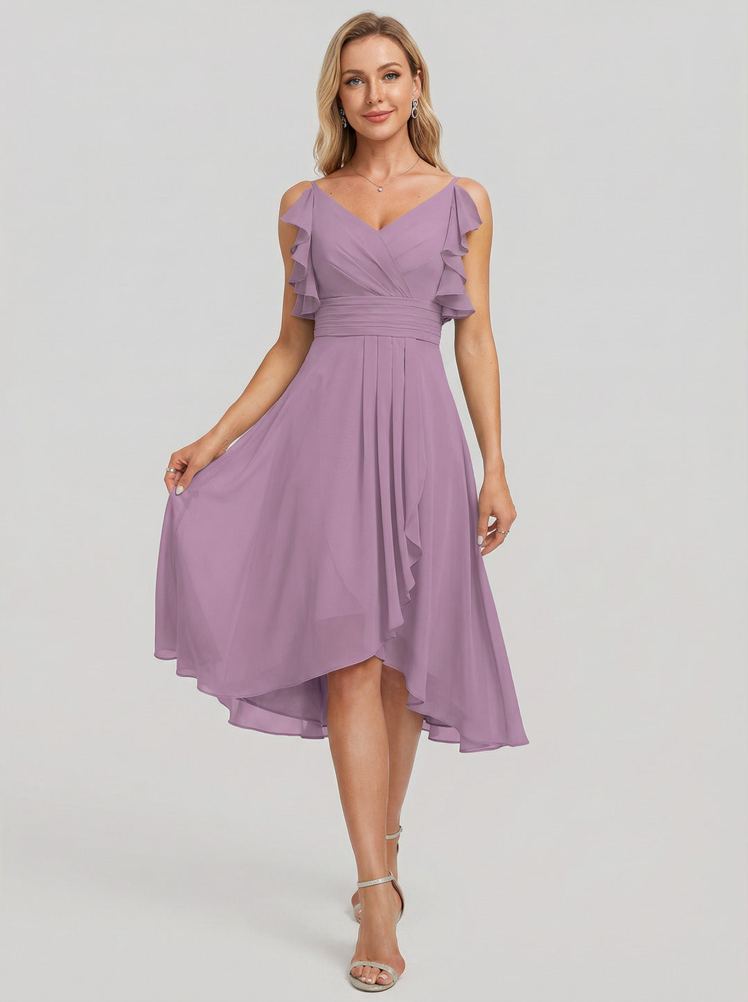 Coquette Wisteria Chiffon A-Line V-Neck V-Back Knee-Length Bridesmaid Dress