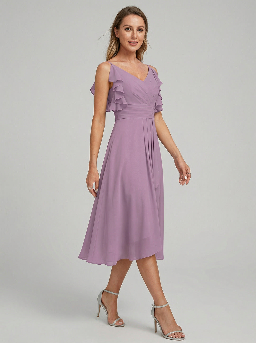 Coquette Wisteria Chiffon A-Line V-Neck V-Back Knee-Length Bridesmaid Dress