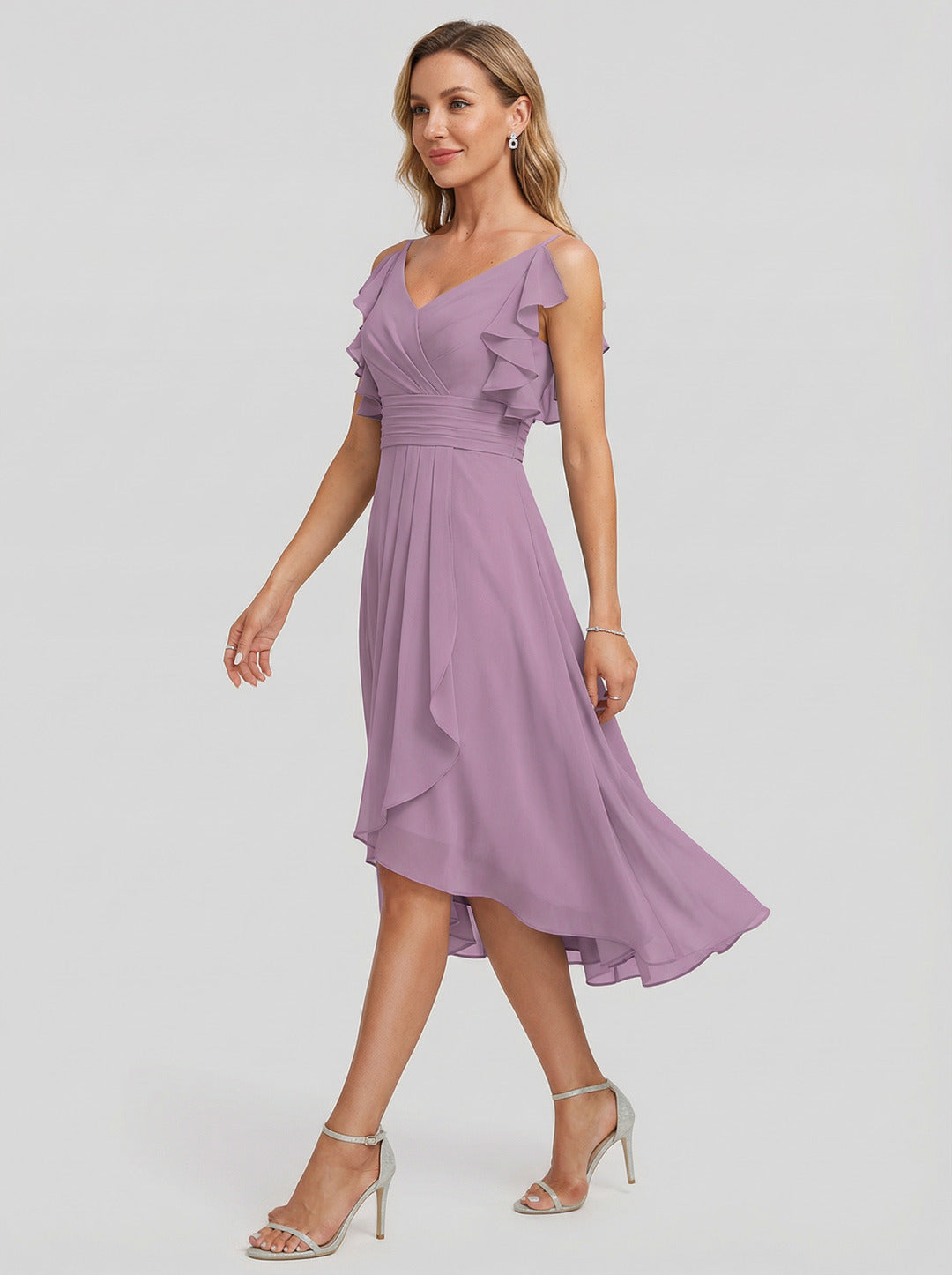 Coquette Wisteria Chiffon A-Line V-Neck V-Back Knee-Length Bridesmaid Dress