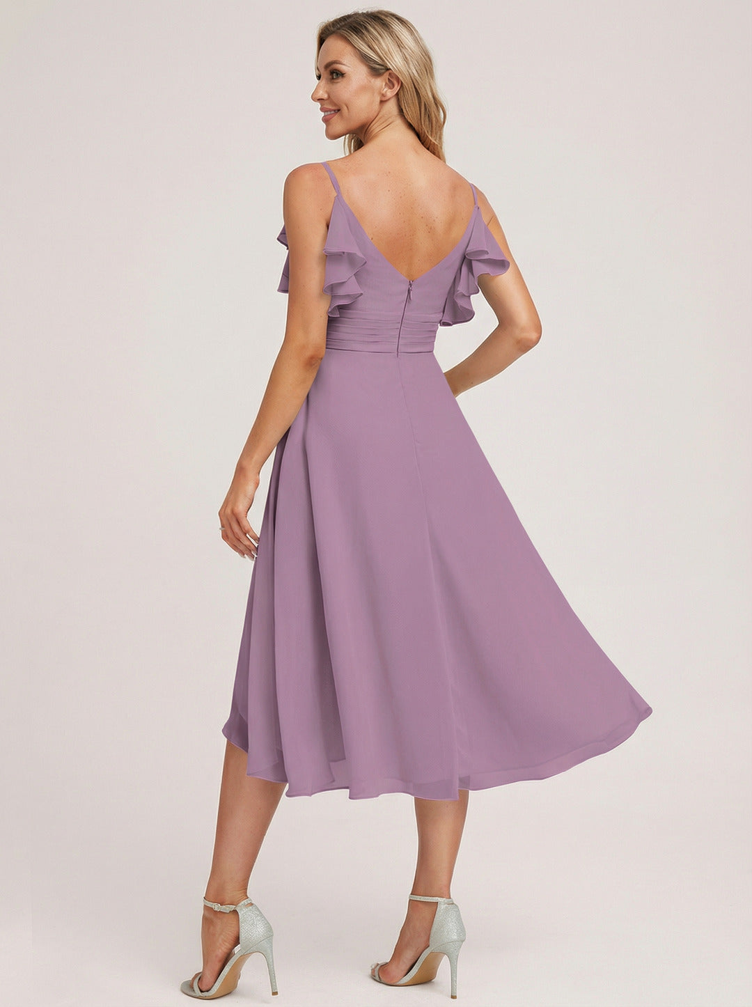 Coquette Wisteria Chiffon A-Line V-Neck V-Back Knee-Length Bridesmaid Dress