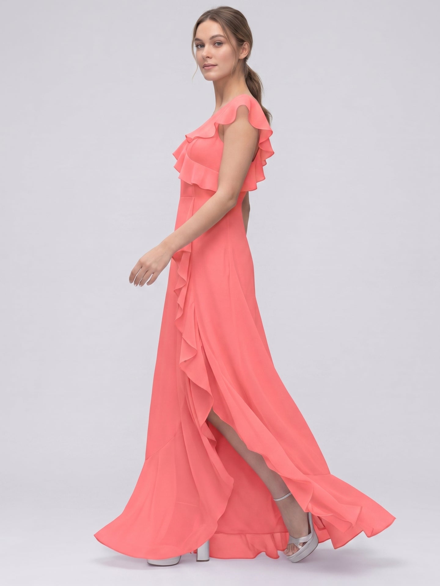 Coquette Coral Chiffon A-Line V-Neck Asymmetrical Bridesmaid Dress with Minimalist Design