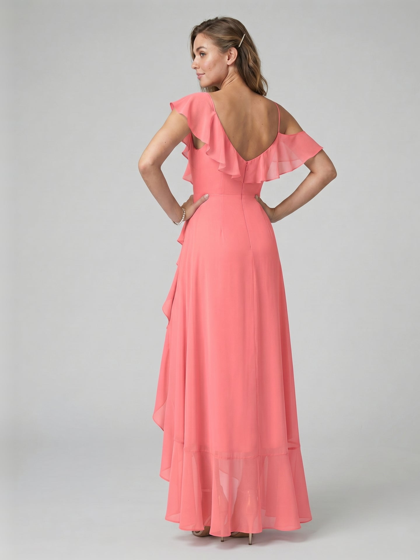 Coquette Coral Chiffon A-Line V-Neck Asymmetrical Bridesmaid Dress with Minimalist Design
