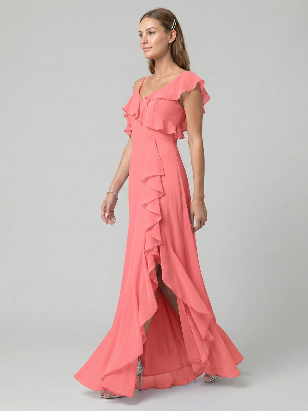 Coquette Coral Chiffon A-Line V-Neck Asymmetrical Bridesmaid Dress with Minimalist Design
