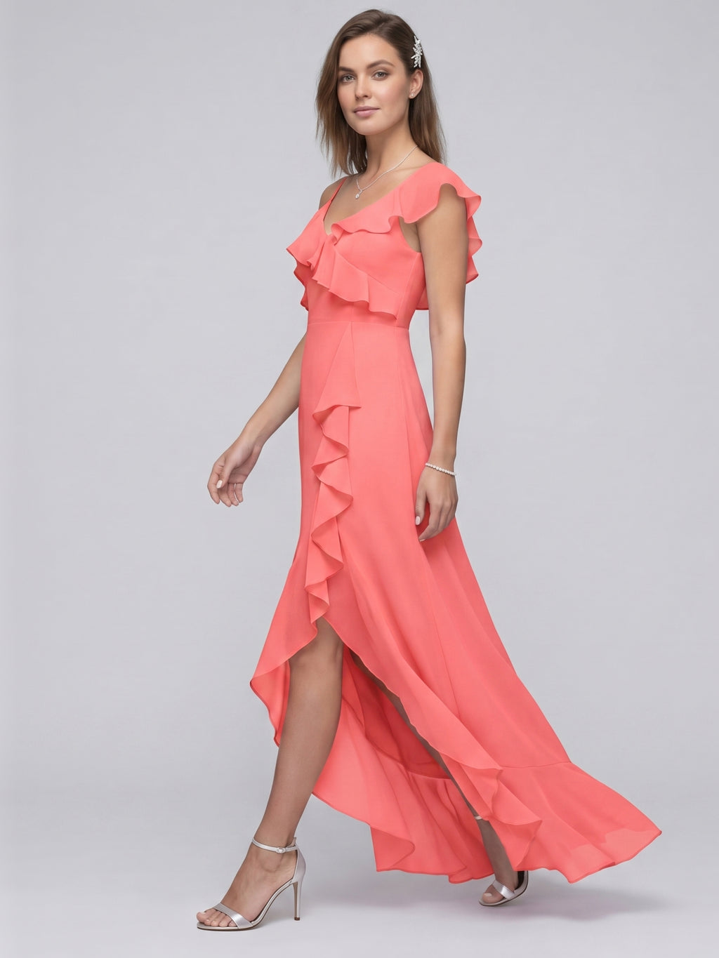 Coquette Coral Chiffon A-Line V-Neck Asymmetrical Bridesmaid Dress with Minimalist Design