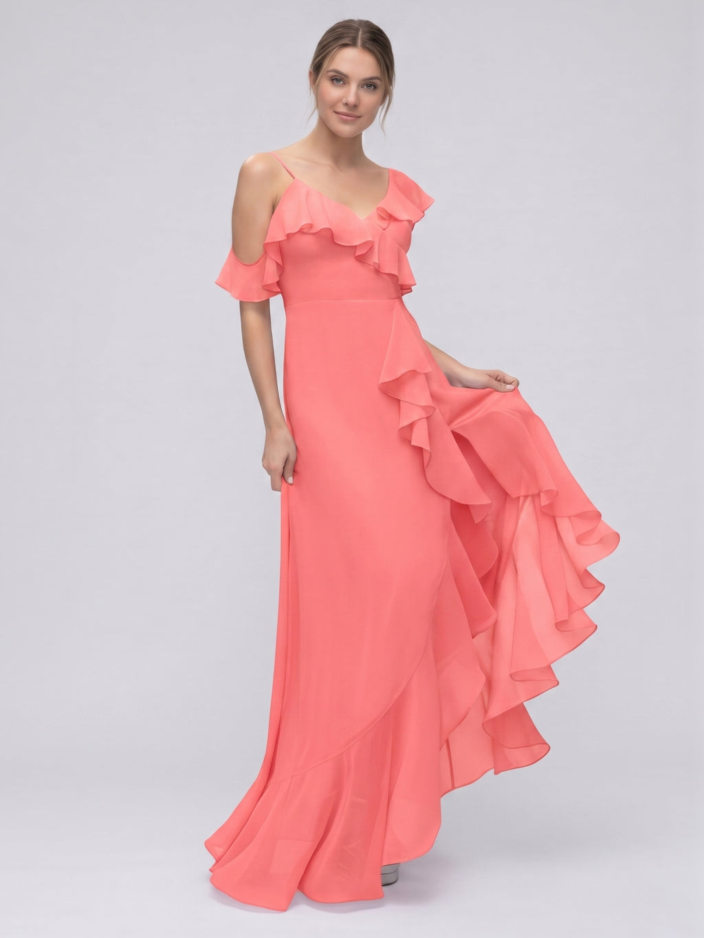 Coquette Coral Chiffon A-Line V-Neck Asymmetrical Bridesmaid Dress with Minimalist Design