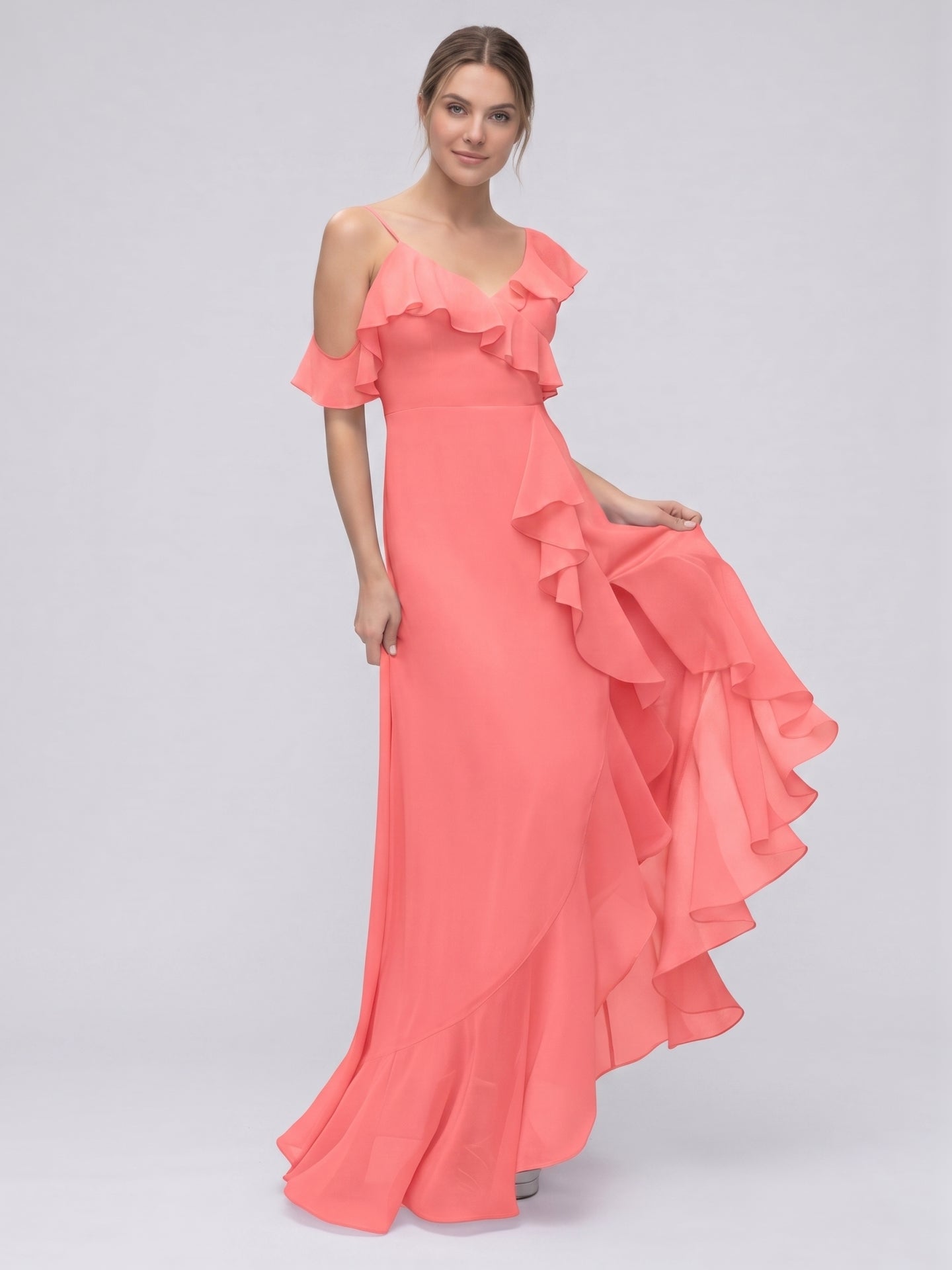 Coquette Coral Chiffon A-Line V-Neck Asymmetrical Bridesmaid Dress with Minimalist Design