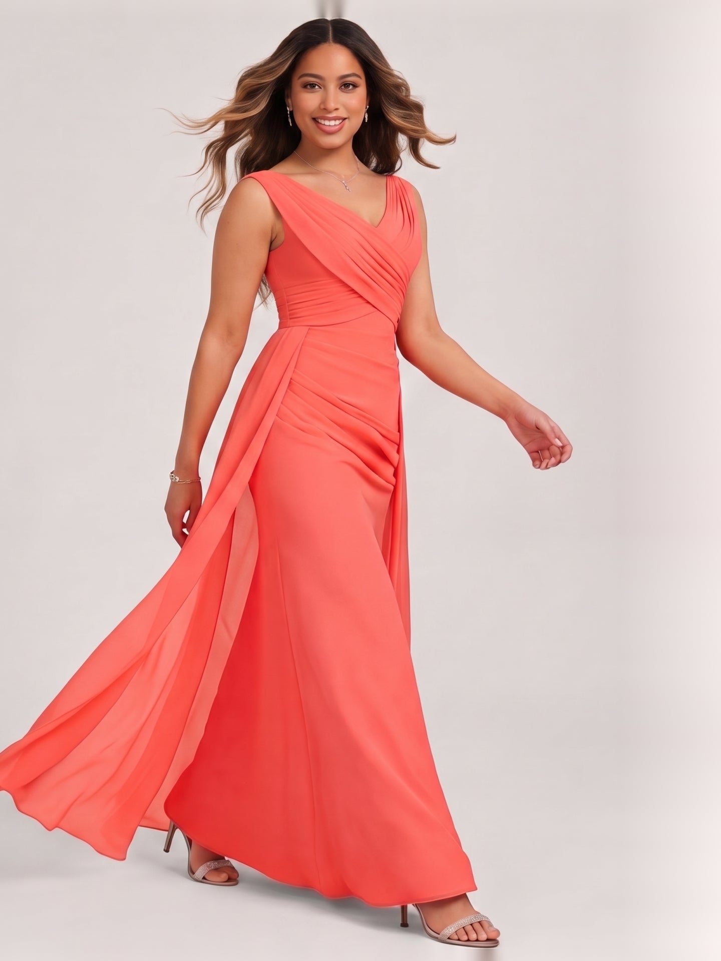Coquette Coral Chiffon A-Line V-Neck V-Back with Beaded Details Ankle-Length Bridesmaid Dress